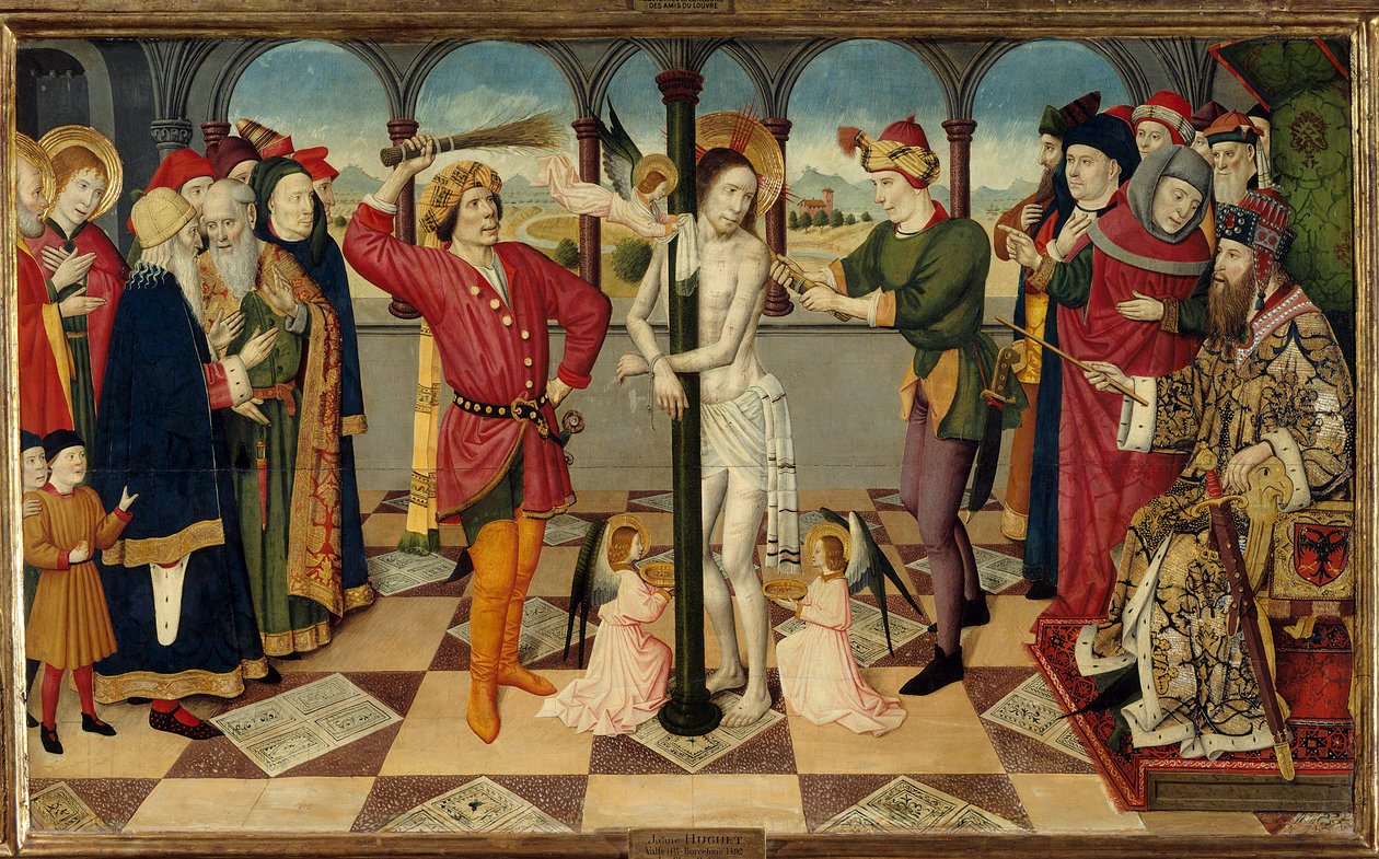 Krisztus ostorozása Poncius Pilátus előtt. Jaume (= Jaume) Huguet idősebb (1415-1492) Detrempe fán. Homályos. 0,92 x 1,56 m. alkotó: Jaume Huguet