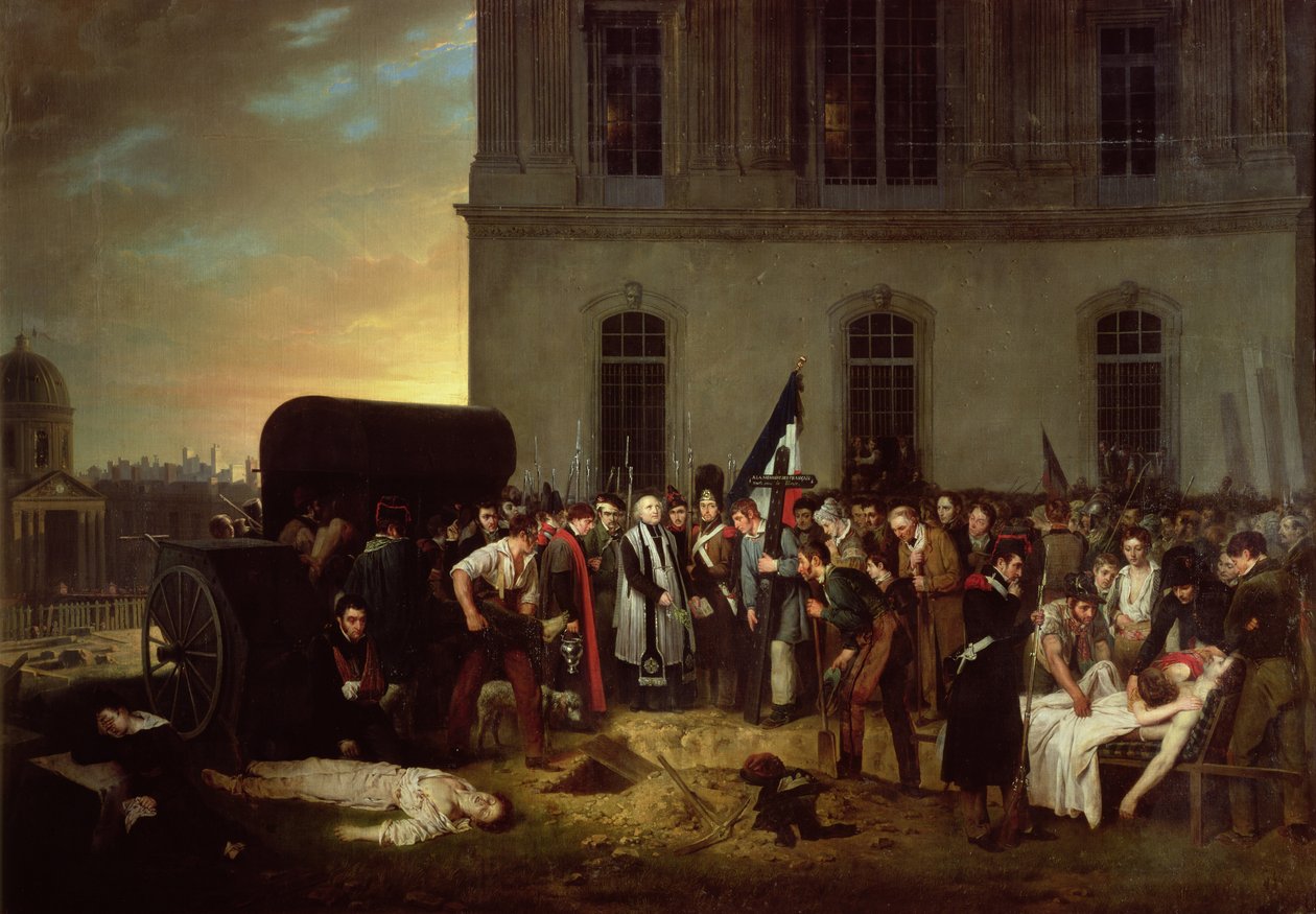 A júliusi forradalom áldozatainak temetése a Louvre oszlopcsarnoka előtt, 1830. július 30. alkotó: Jean Alphonse Roehn