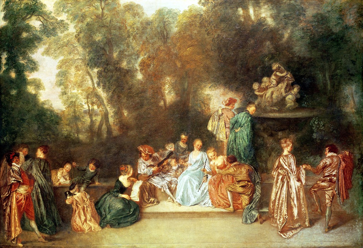 Fete galante gitáros és egy szobor, melyen egy kossal játszó puttik láthatóak, 1717-19 körül alkotó: Jean Antoine Watteau