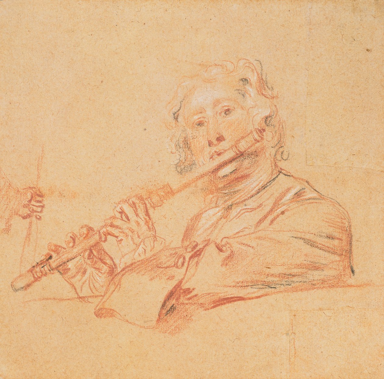 Fuvolán játszó férfi, 1710 körül ("aux trois zsírkréták" sima papíron) alkotó: Jean Antoine Watteau