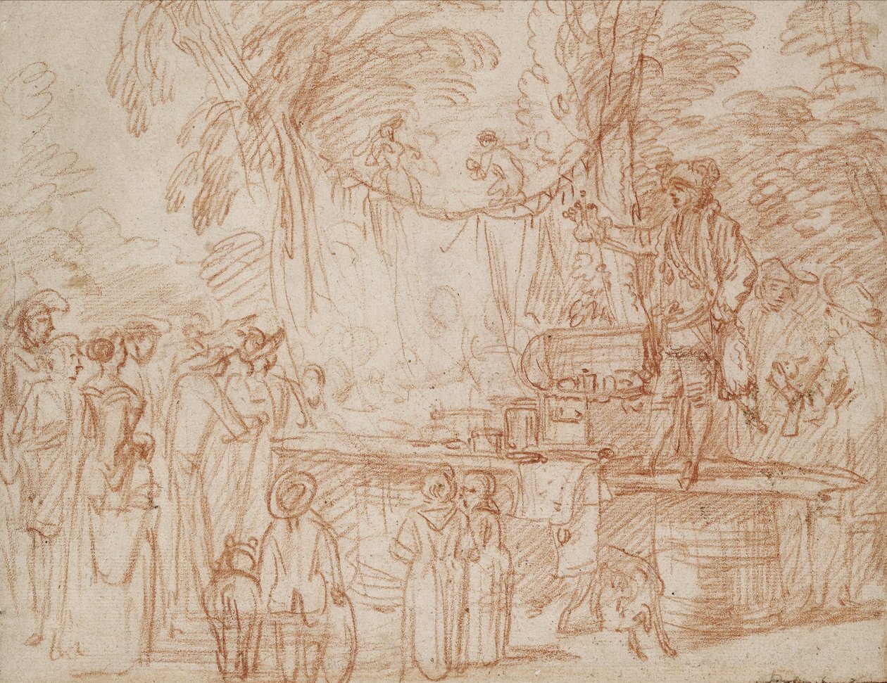 Recto; Quack Doctor árulja az áruit a szabadban (piros kréta papíron) alkotó: Jean Antoine Watteau
