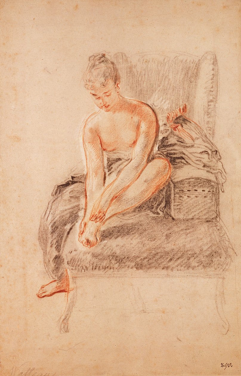 Félmeztelen nő ül egy nyugágyon, a lábát fogja alkotó: Jean Antoine Watteau