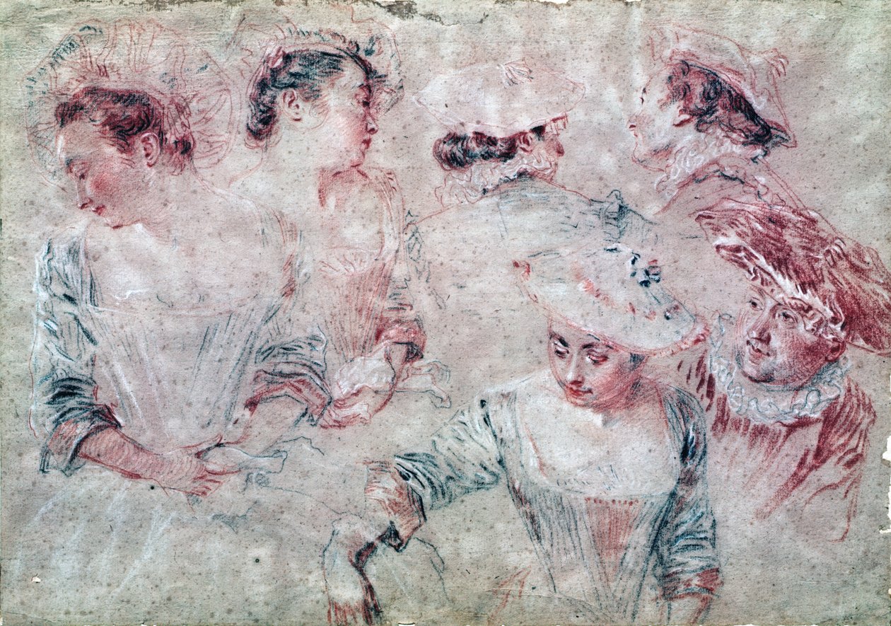 Hat tanulmány (szén és vörös kréta papíron) alkotó: Jean Antoine Watteau