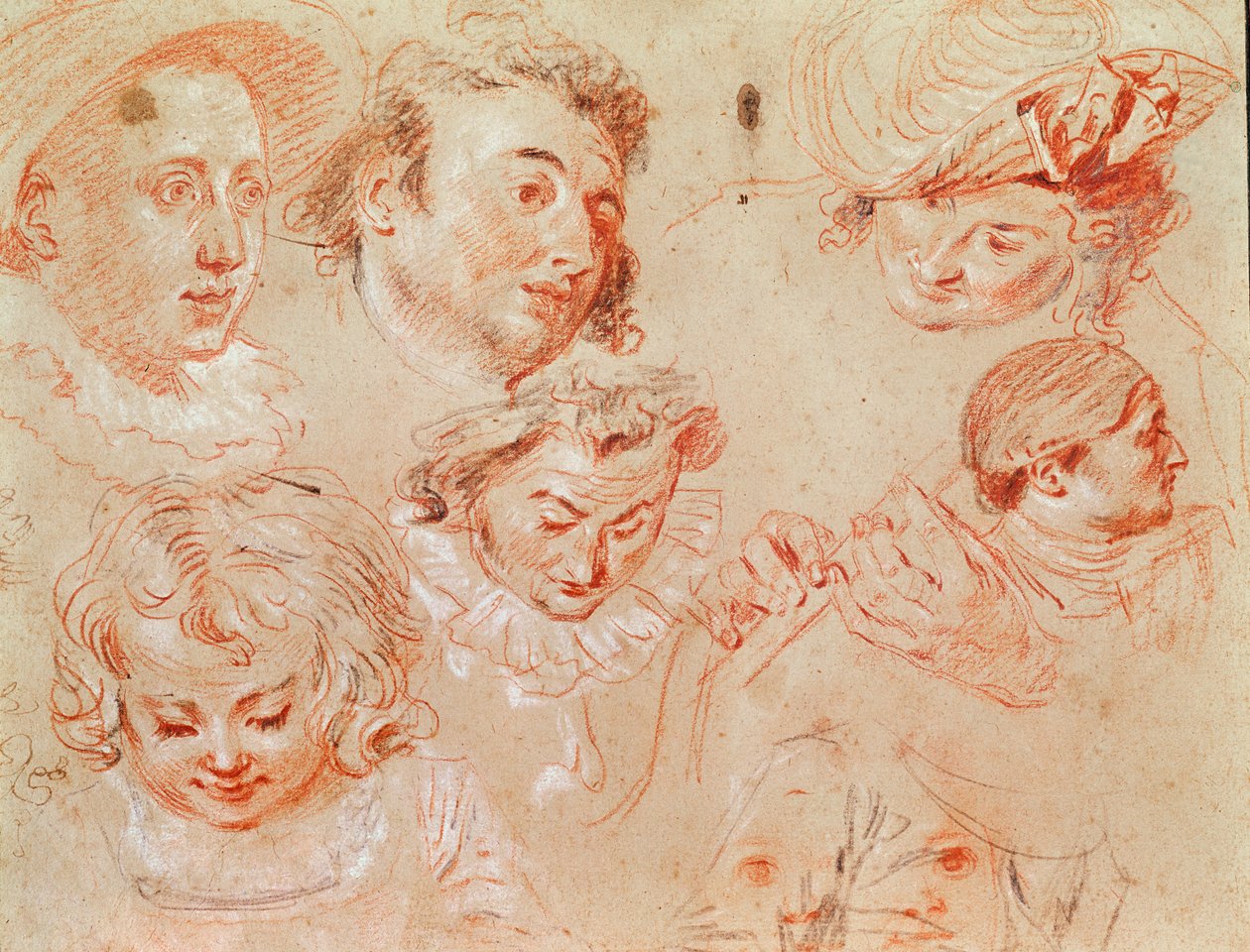 Hat fej és két kéz egy hangszeren játszik (szénfényes zsírkréta) alkotó: Jean Antoine Watteau