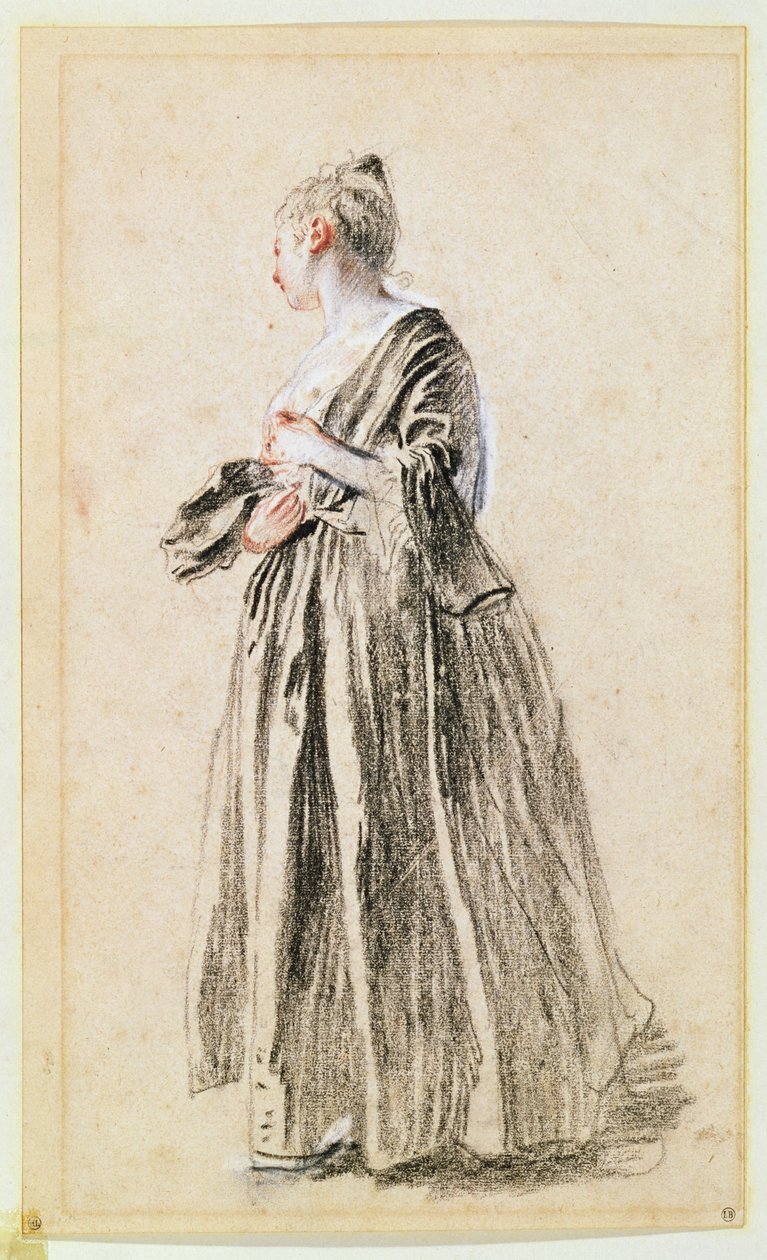 Álló nő (piros, fekete és fehér kréta papíron) alkotó: Jean Antoine Watteau