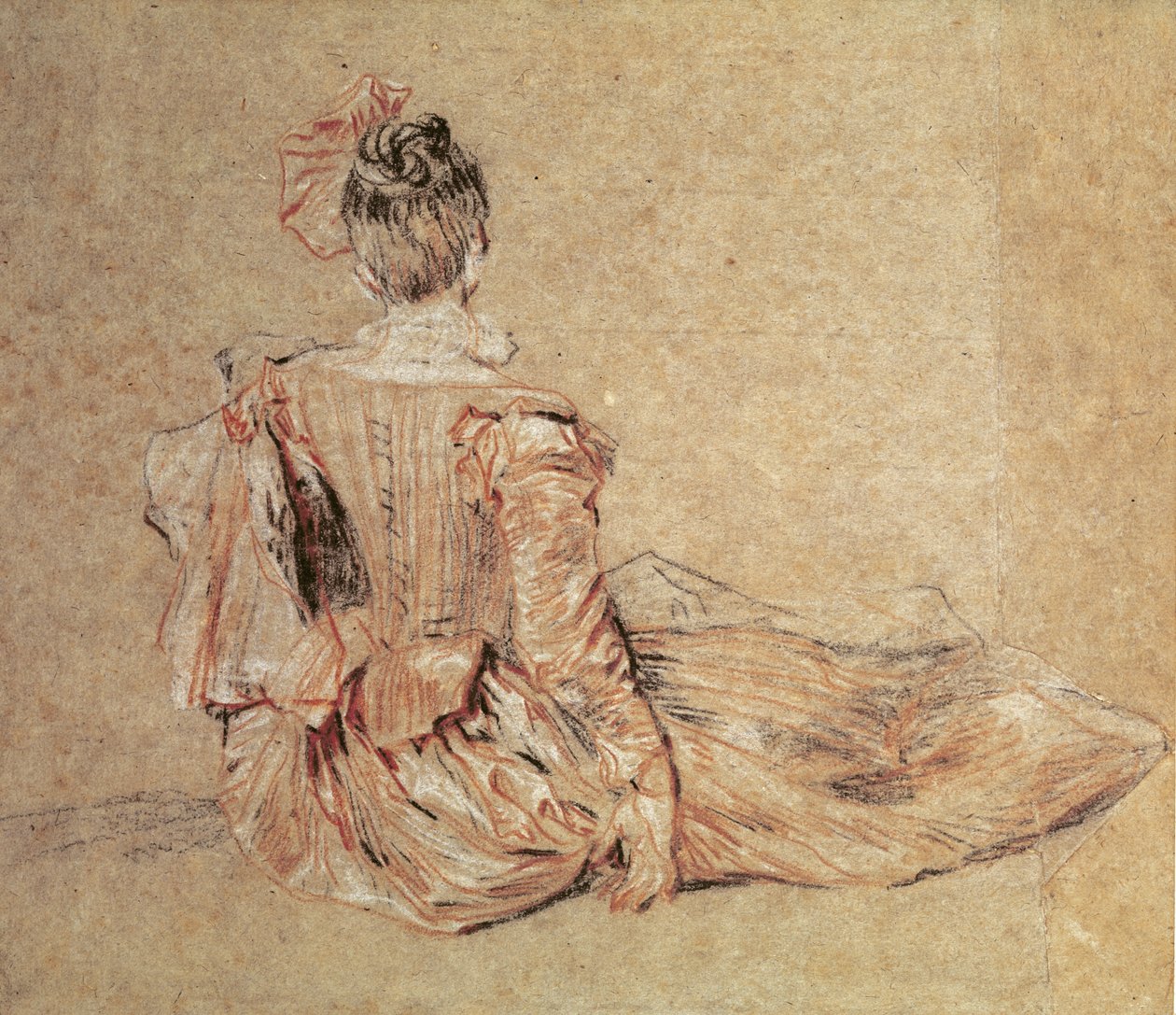 Tanulmány egy nőről, hátulról nézve, 1716-18 (kréta papíron) alkotó: Jean Antoine Watteau