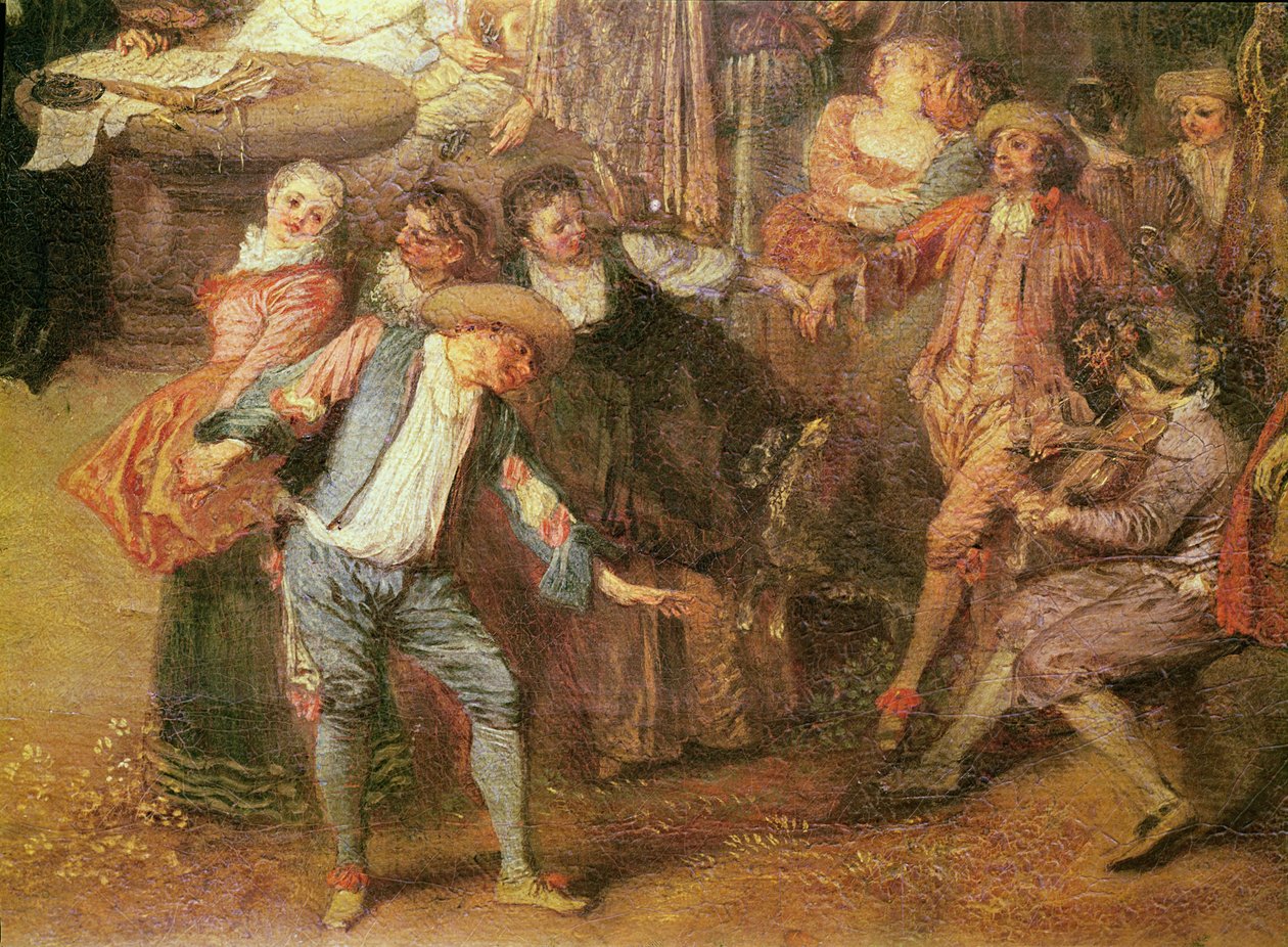 A házassági szerződés és a táncosok rusztikus bál részlete jobbra, c. 1712-13 olaj, vászon alkotó: Jean Antoine Watteau