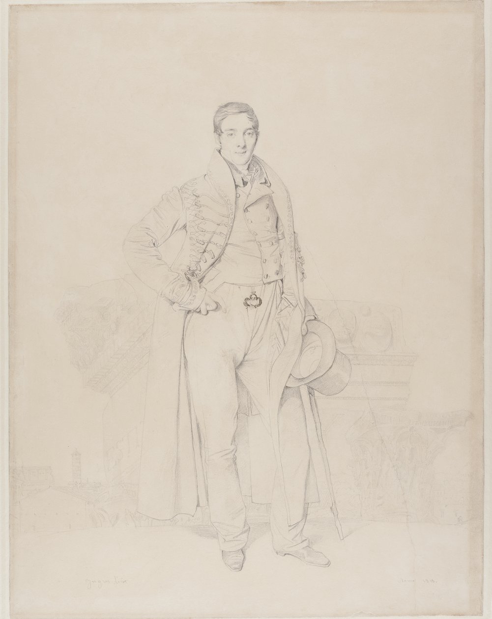 Alexandre Bénard építész portréja, egész alakos, klasszikus fejezetek töredékeivel, mögötte a Forum Romanum, 1818 (grafit és testszín, krémszínű vattapapír) alkotó: Jean Auguste Dominique Ingres