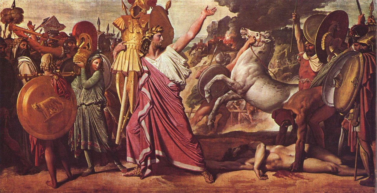 Romulus, Akron győztese, Zeusz templomába viszi a gazdag zsákmányt alkotó: Jean Auguste Dominique Ingres