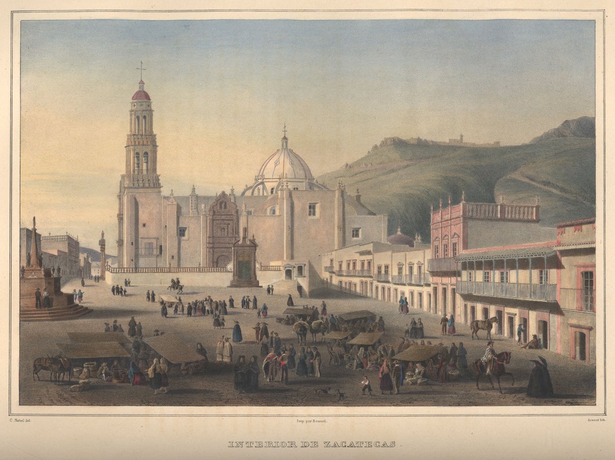 Belső de Zacatecas, kilátás Zacatecas, Zacatecas. Kézi színű litográfia, gumiarábikummal kiemelve. alkotó: Jean Baptiste Arnout