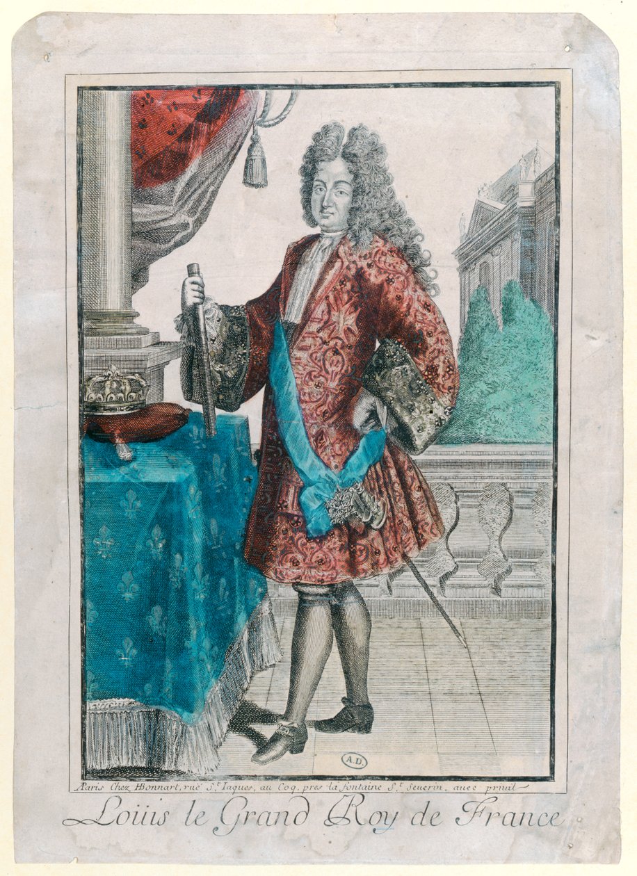 XIV. Lajos (1638-1715) francia király, 1695 (kézzel színezett metszet) alkotó: Jean Baptiste Bonnart