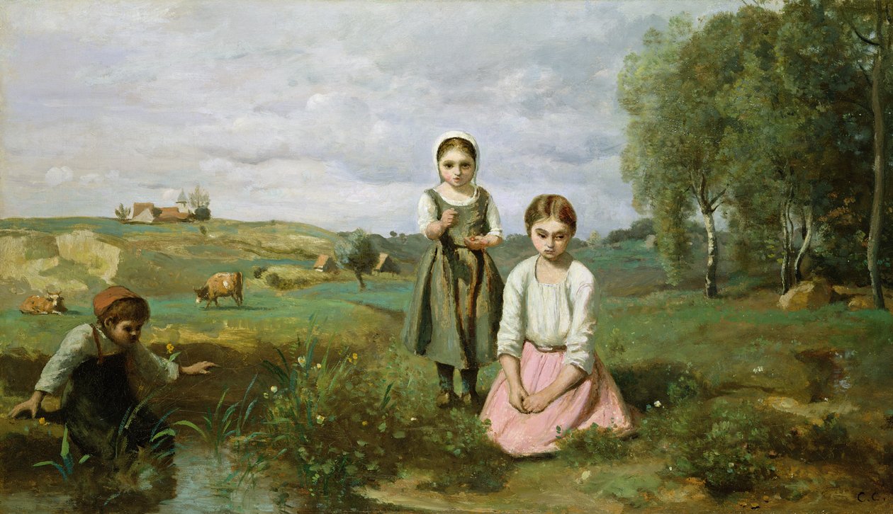 Gyerekek egy patak mellett a vidéken, Lormes alkotó: Jean Baptiste Camille Corot