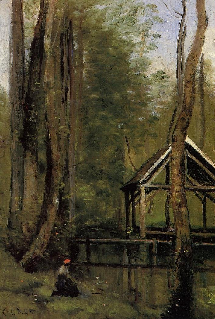 Horgászotthon Mathoisban, Gournay en Bray közelében alkotó: Jean Baptiste Camille Corot