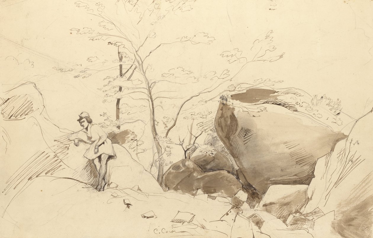 Fontainebleau, A sziklának dőlő alak alkotó: Jean Baptiste Camille Corot