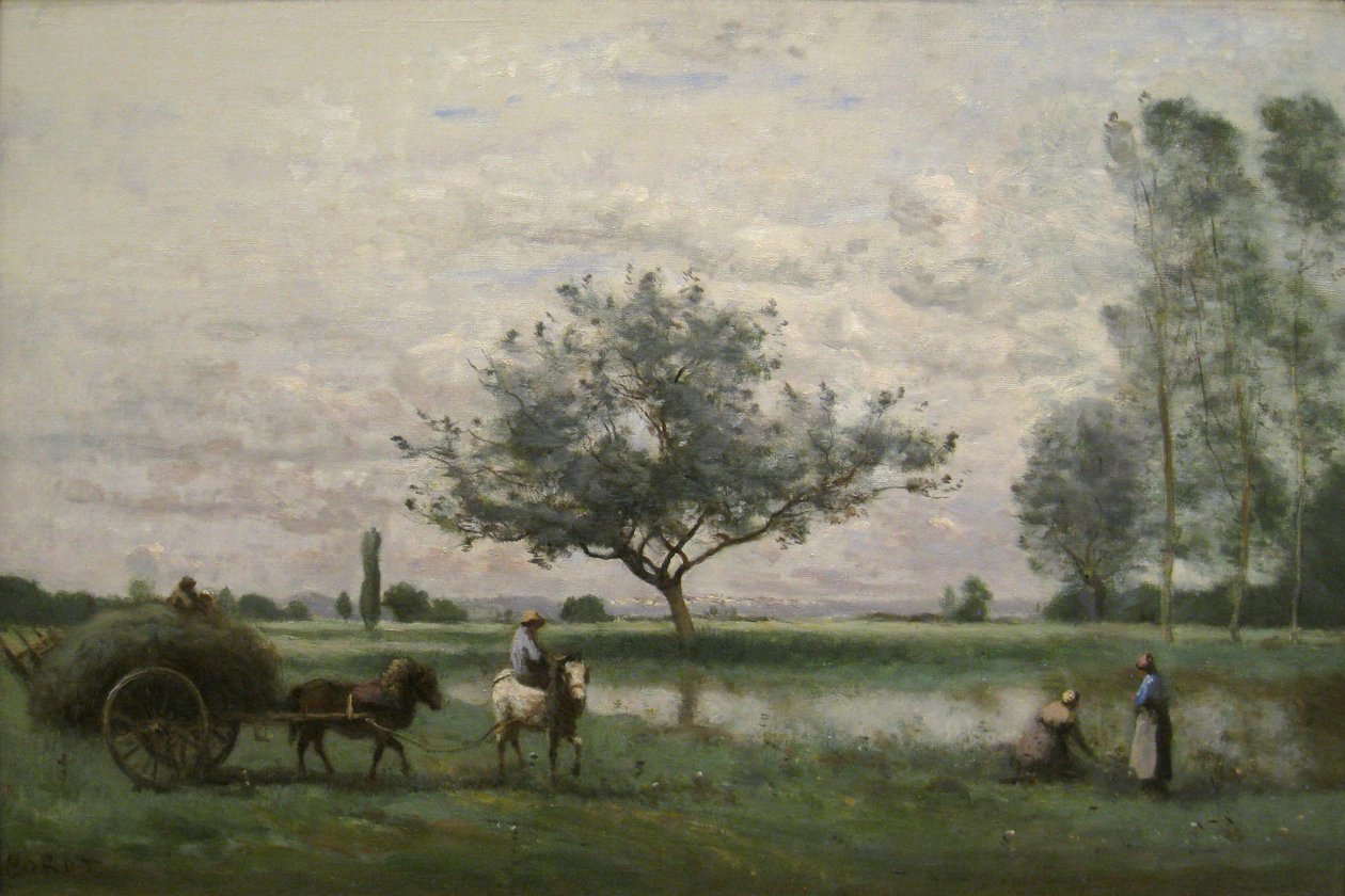 Széna Szekér egy folyó mentén alkotó: Jean Baptiste Camille Corot