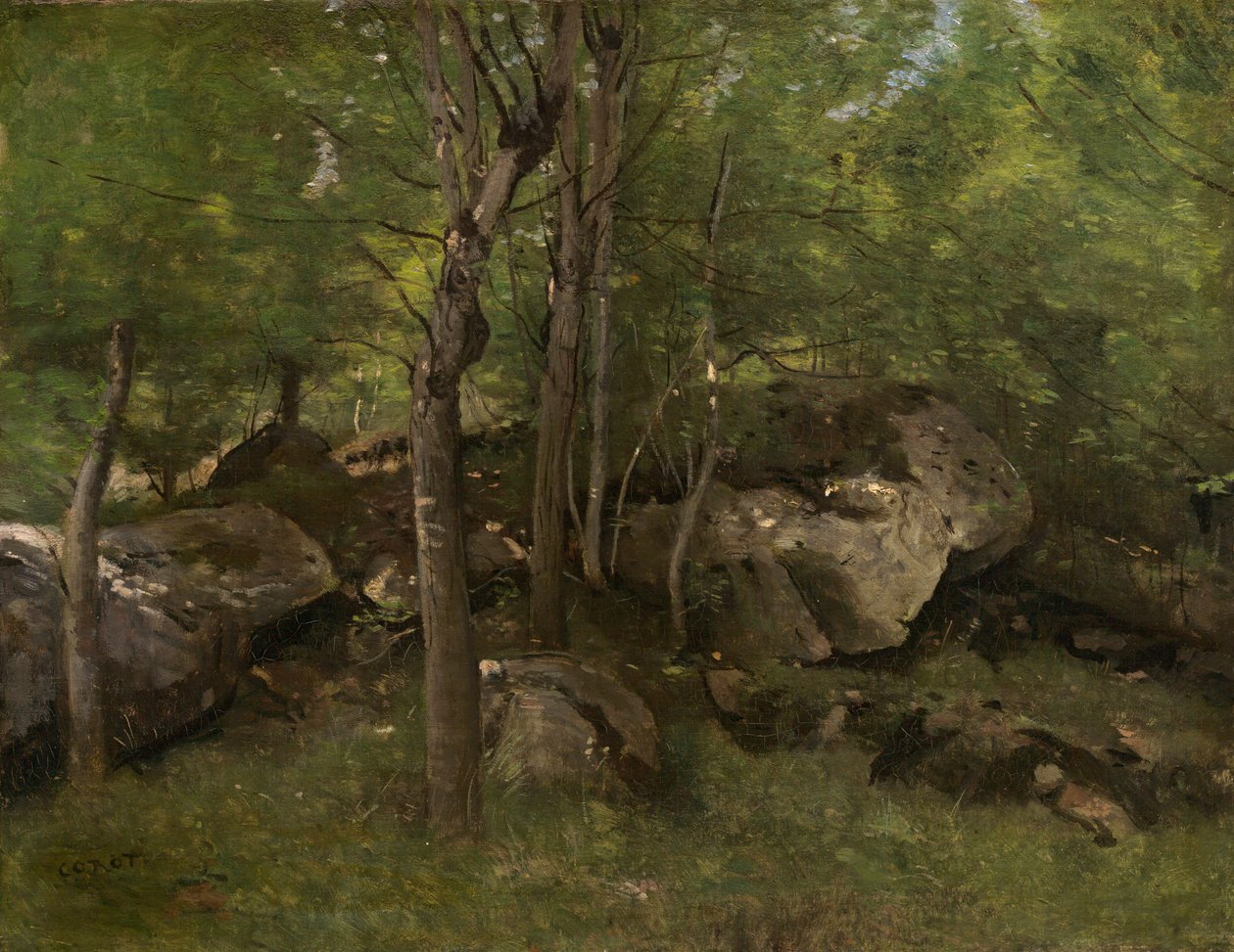 A Fontainebleau -i erdőben alkotó: Jean Baptiste Camille Corot