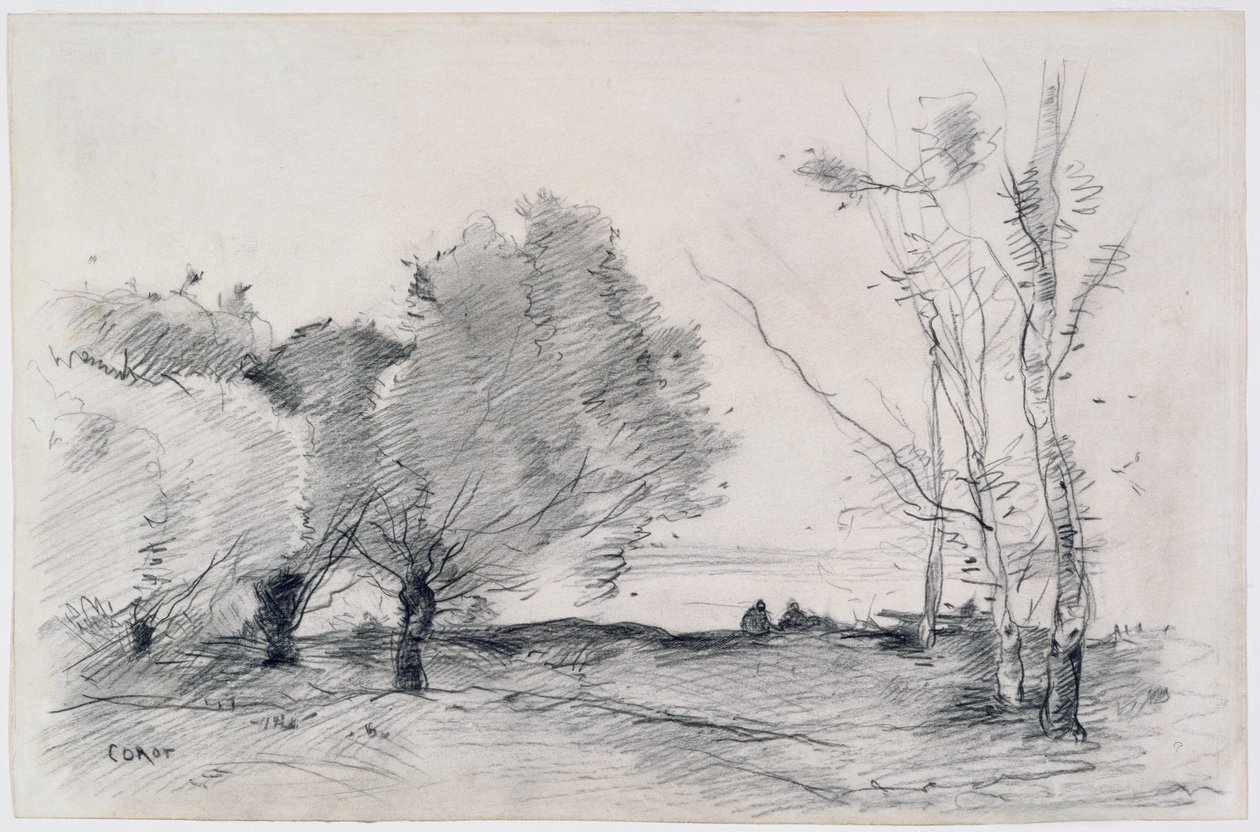 Tájkép, 1860-68 (ceruza és zsírkréta papírra) alkotó: Jean Baptiste Camille Corot