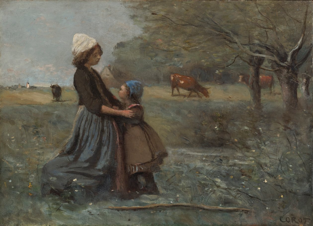 A két nővér a réten alkotó: Jean Baptiste Camille Corot