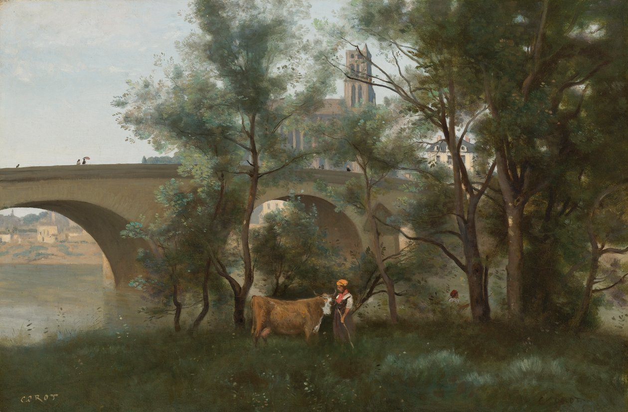 Mantes, a Szajna partja a híd lábánál alkotó: Jean Baptiste Camille Corot