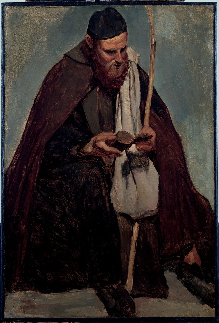 Olasz szerzetes ül, olvasás alkotó: Jean Baptiste Camille Corot