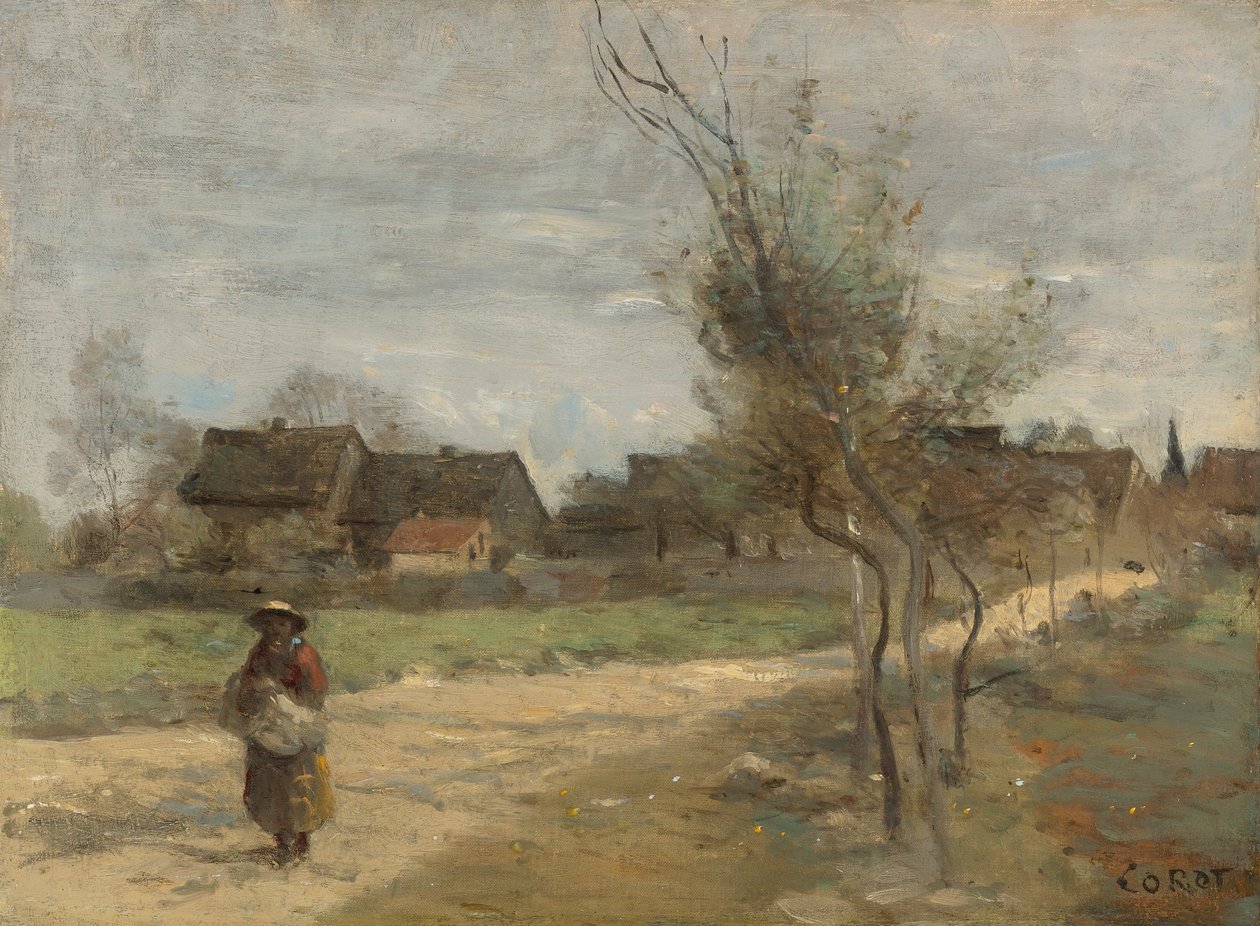 Parasztasszony egy úton, kilátással a falura alkotó: Jean Baptiste Camille Corot