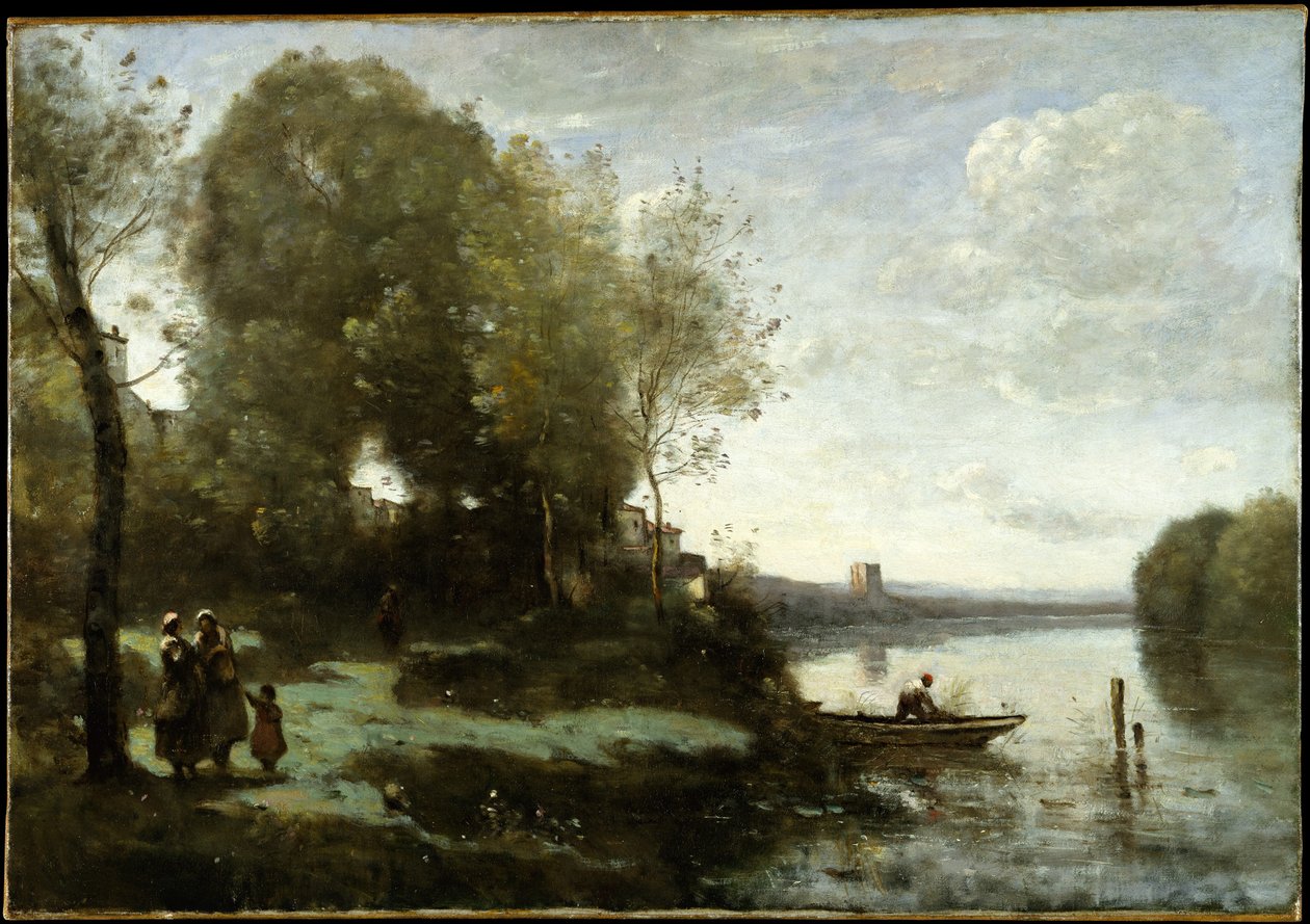 Folyó egy távoli toronnyal alkotó: Jean Baptiste Camille Corot