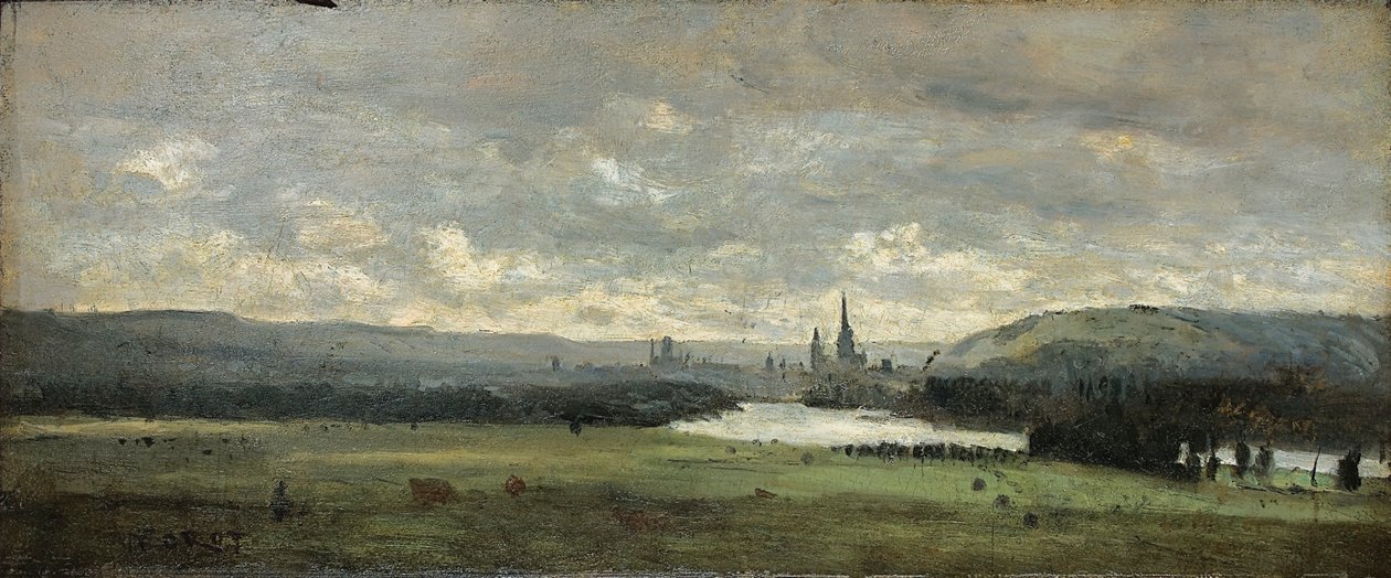 Rouen, panorámás kilátás a Szajnára az előtérben alkotó: Jean Baptiste Camille Corot