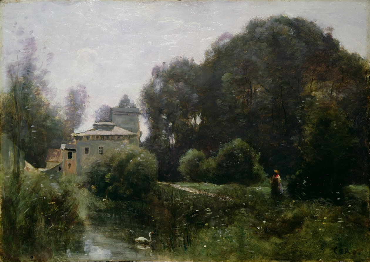 Emléktárgy a Villa Borghese-ről, 1855 (panel) alkotó: Jean Baptiste Camille Corot