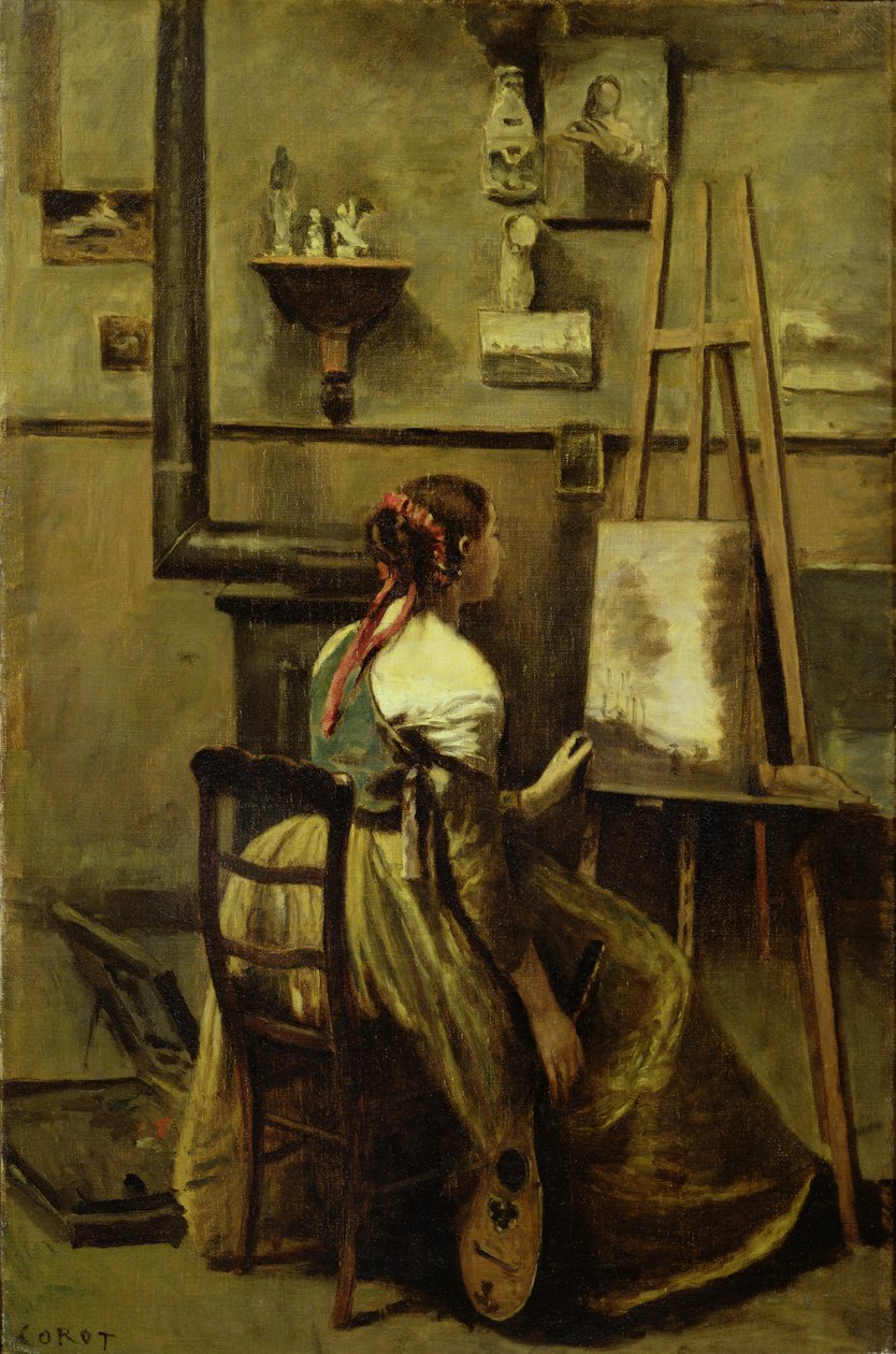 Corot Stúdiója, avagy festőállvány előtt ülő fiatal nő, 1868-70 alkotó: Jean Baptiste Camille Corot
