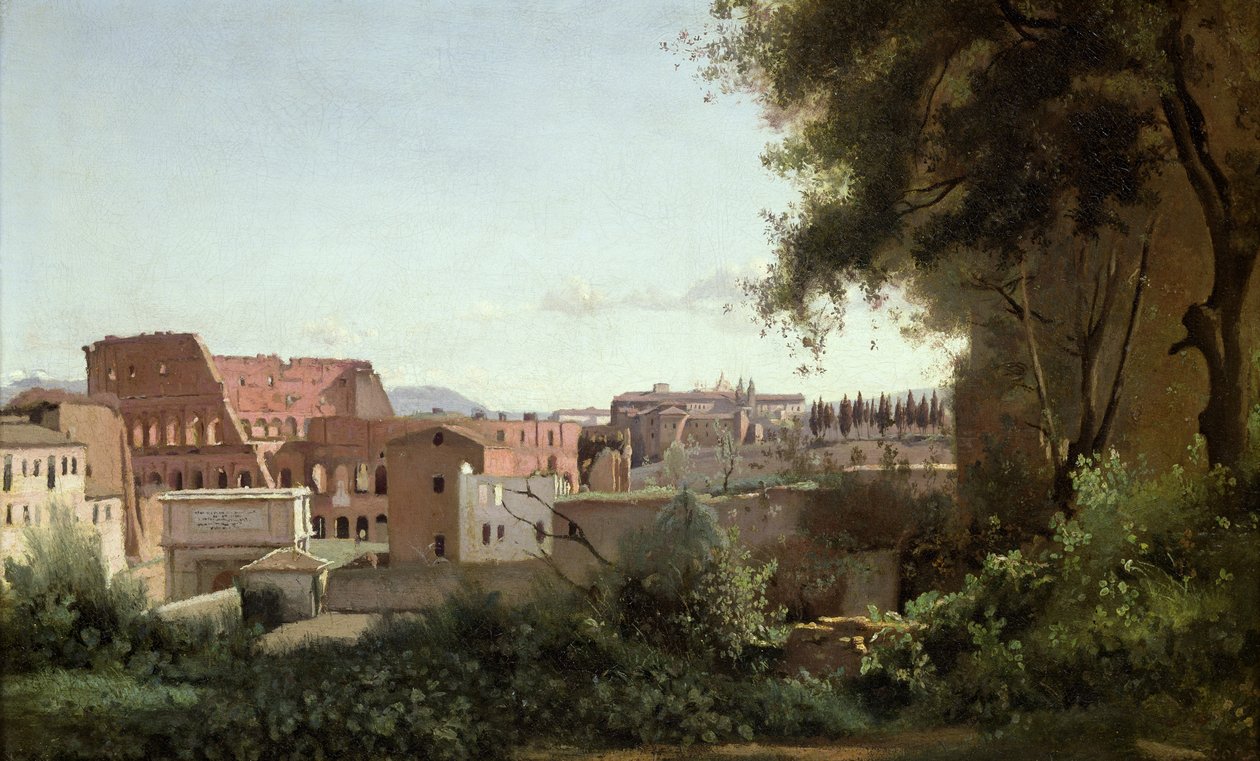 Kilátás a Colosseumra a Farnese Gardensből, 1826 (olaj, papír, vászonra fektetve) alkotó: Jean Baptiste Camille Corot