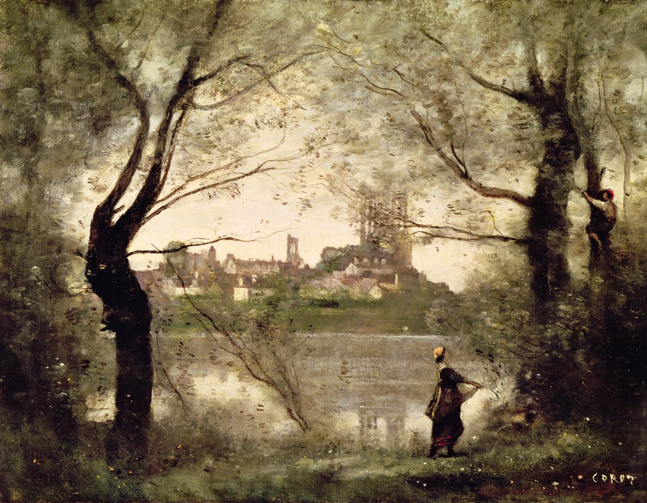Kilátás a városra és a Mantes-székesegyházra a fákon keresztül, este alkotó: Jean Baptiste Camille Corot