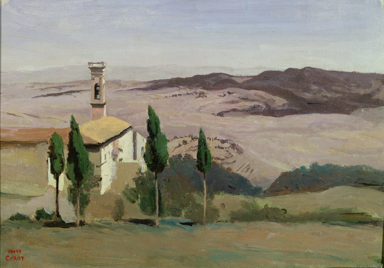 Volterra, templom és harangtorony, 1834 alkotó: Jean Baptiste Camille Corot
