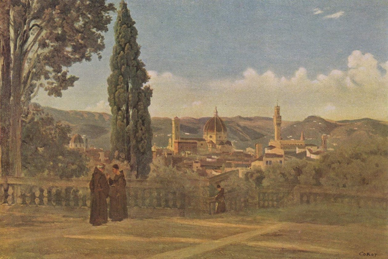 Kilátás Firenzére a Boboli kertből alkotó: Jean Baptiste Camille Corot