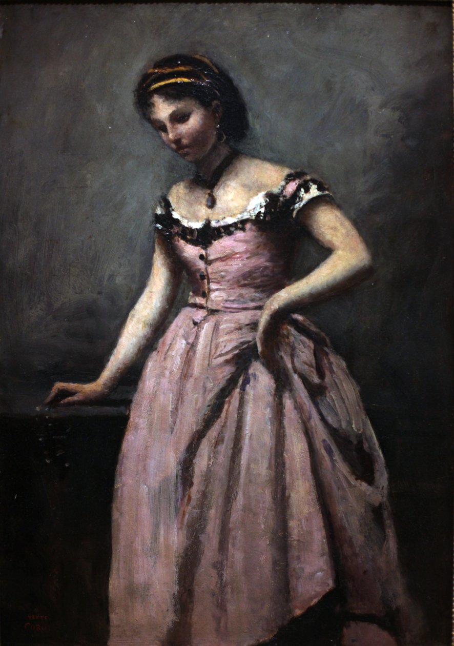 Fiatal nő rózsaszín ruhában alkotó: Jean Baptiste Camille Corot