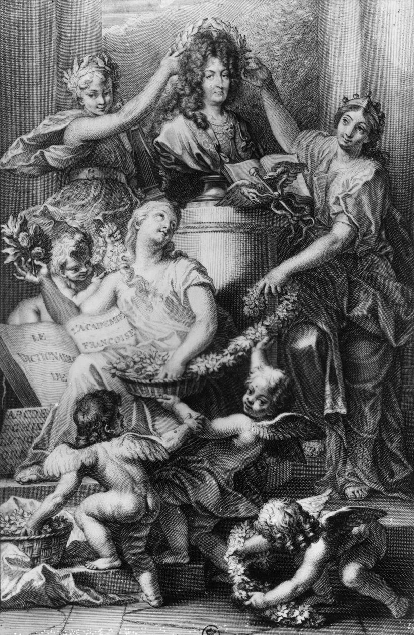 A „Francia Akadémia szótárának” előlapja, vésette Gerard Edelinck (1640-1707) 1694 alkotó: Jean Baptiste Corneille
