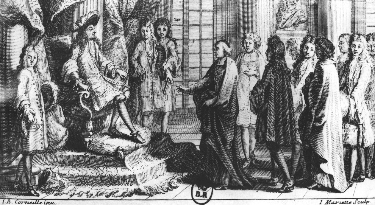 A Francia Akadémia tagjai bemutatták a szótárt XIV. Lajosnak (1638-1715) 1694-ben, vésette Jean Mariette (1660-1742) alkotó: Jean Baptiste Corneille