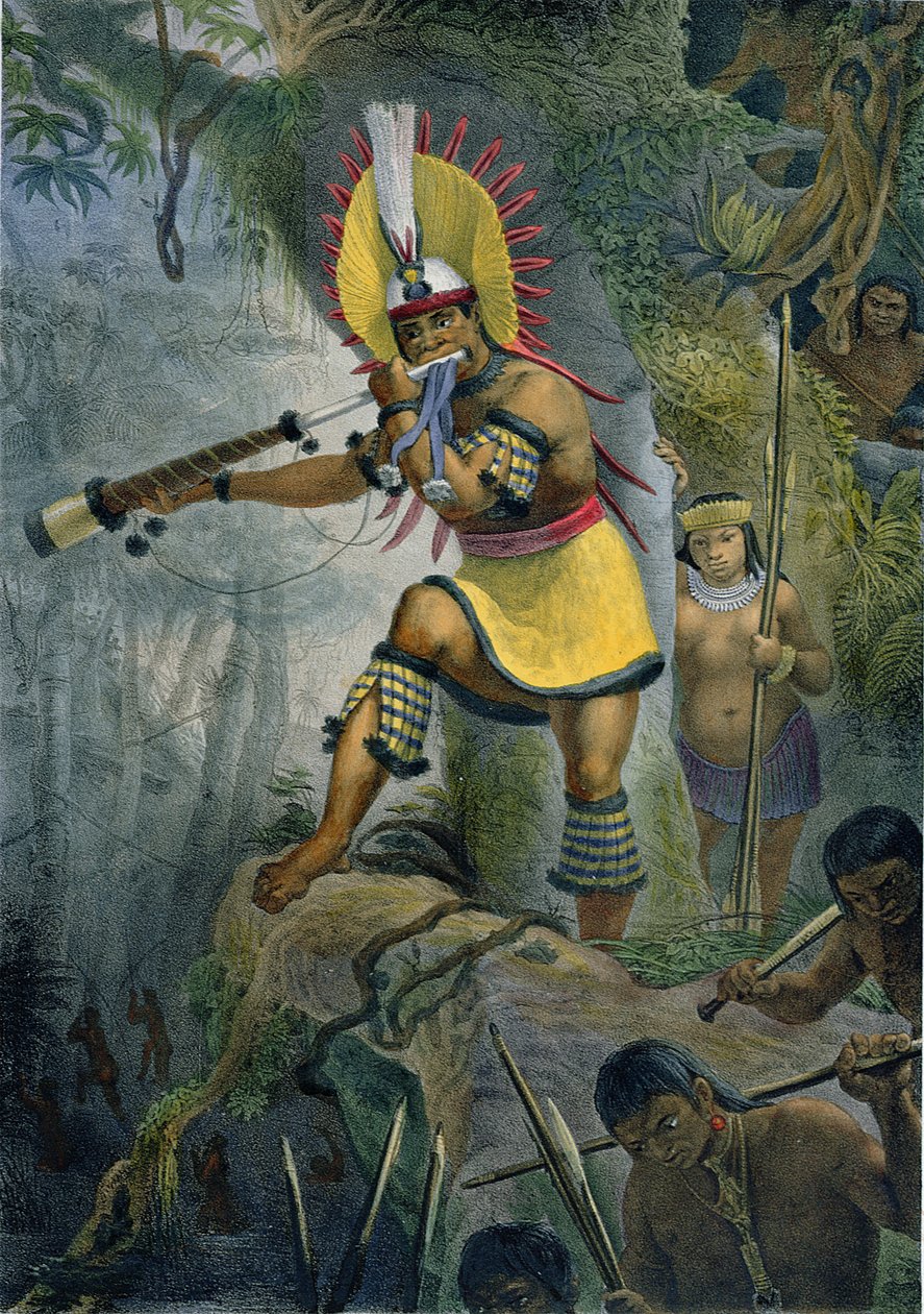 Egy coroado indián, aki jelet ad a támadásra, illusztráció Jean-Baptiste Debret (1768-1848) „Voyage Pittoresque et Historique au Bresil” című művéből, Párizsban, 1839. alkotó: Jean Baptiste Debret