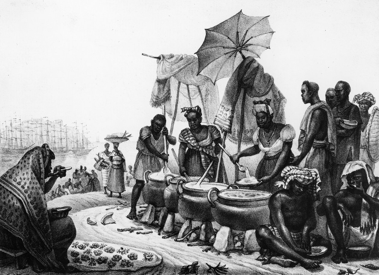 Angou-t áruló fekete nők, az "Utazások Brazíliában" című képből, metszet: Thierry Freres (1827-45), 1835. alkotó: Jean Baptiste Debret