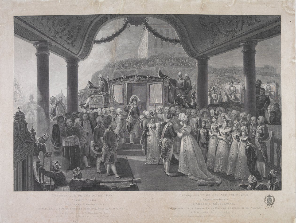 D. Carolina Leopoldina, HRH főhercegnő, Royal Portugália, Brazília és Algarves hercegnő leszállása Rio de Janeiróban 1817. november 5 -én. alkotó: Jean Baptiste Debret