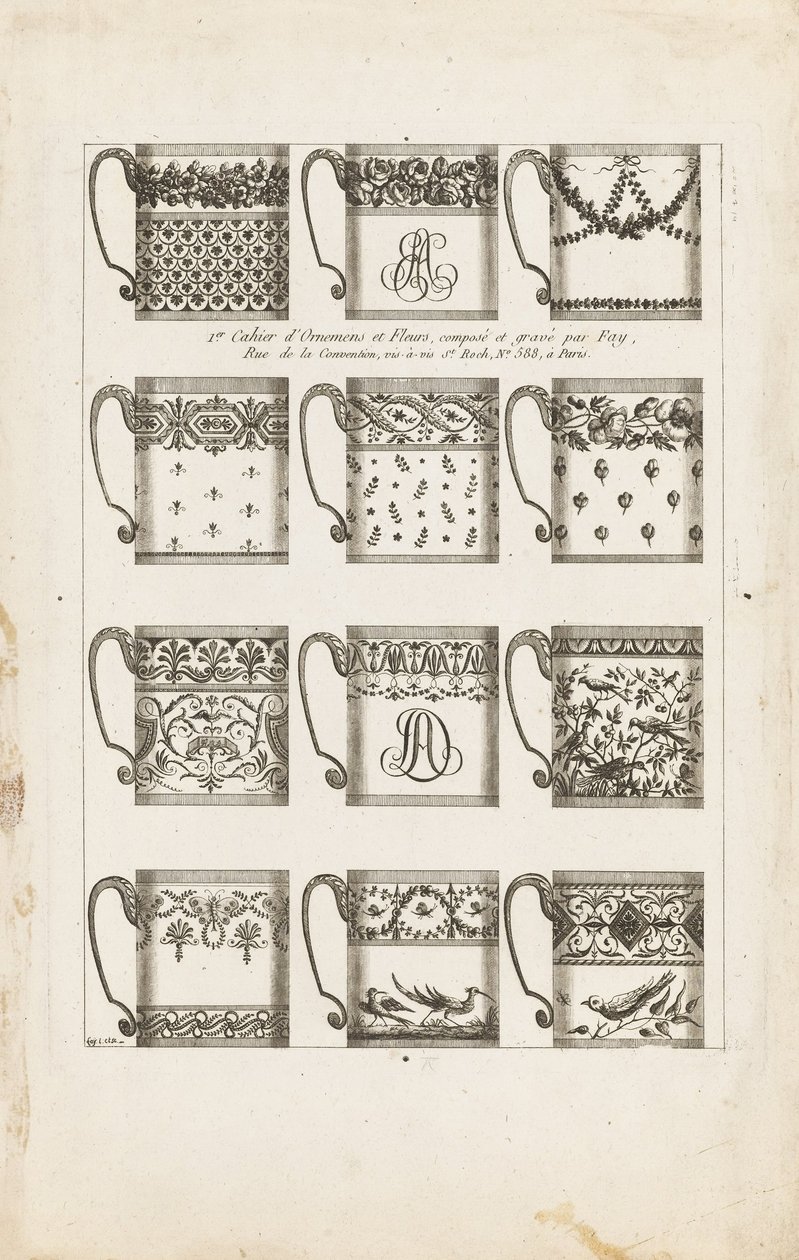 Designs for Chocolate Cups, Plate 1 from 1st Cahier dOrnemens et Fleurs alkotó: Jean Baptiste Fay