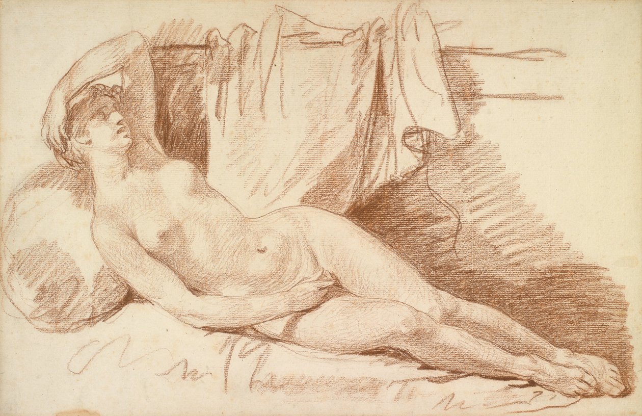 Fekvő női akt: 1767 körül (vörös kréta, öntött papírra). alkotó: Jean Baptiste Greuze