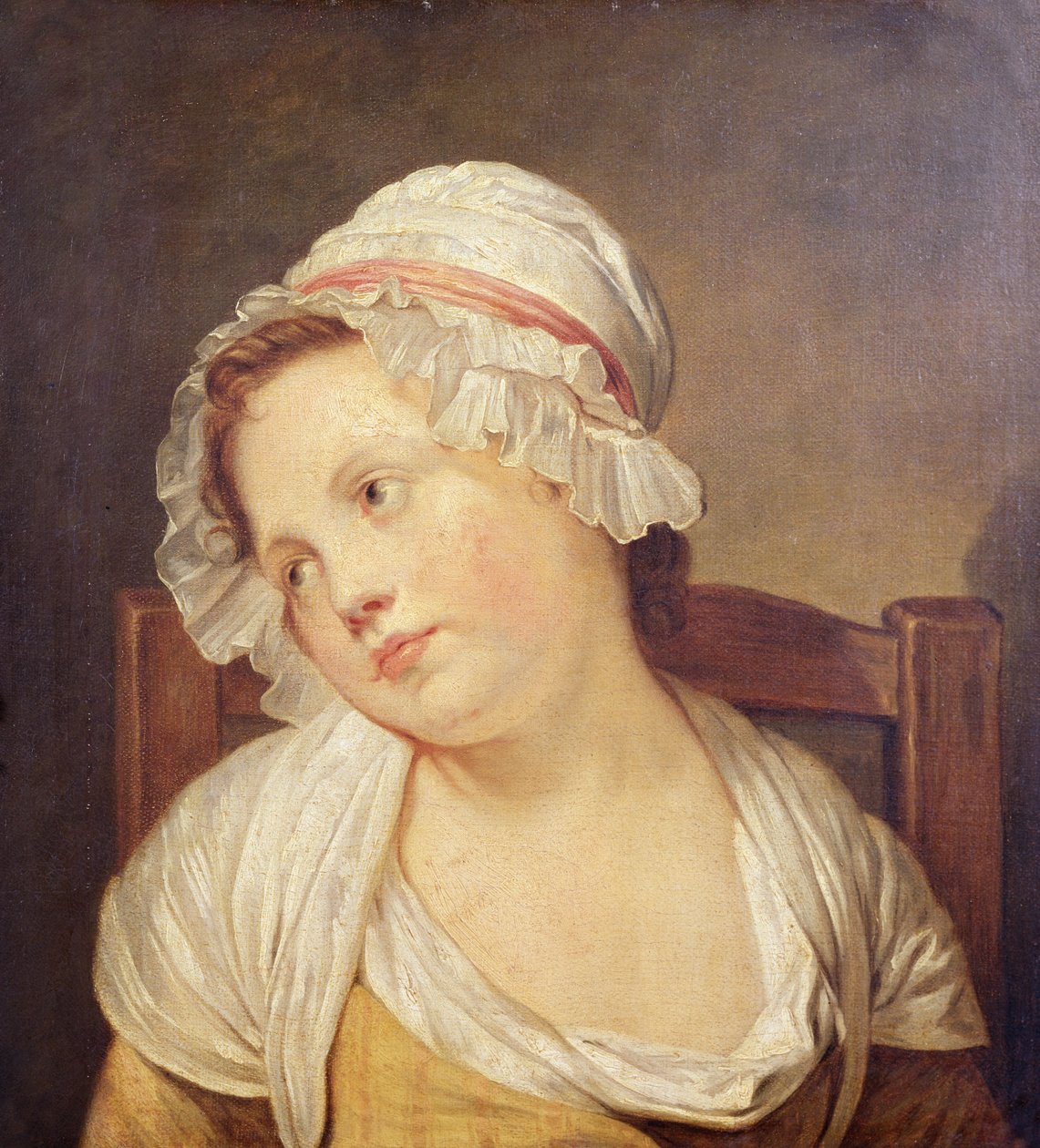 Fiatal lány fehér motorháztetőben alkotó: Jean Baptiste Greuze
