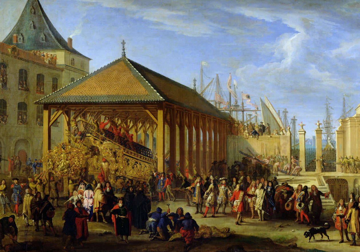 Jean-Baptiste Colbert (1651-90) Marquis de Seignelay és Louis Victor de Rochechouart (1636-88) Duc de Vivonne látogatása a "Reale de France" gályán a marseille-i arzenálban 1669-ben, 1679 körül (olaj). alkotó: Jean Baptiste I de La Rose