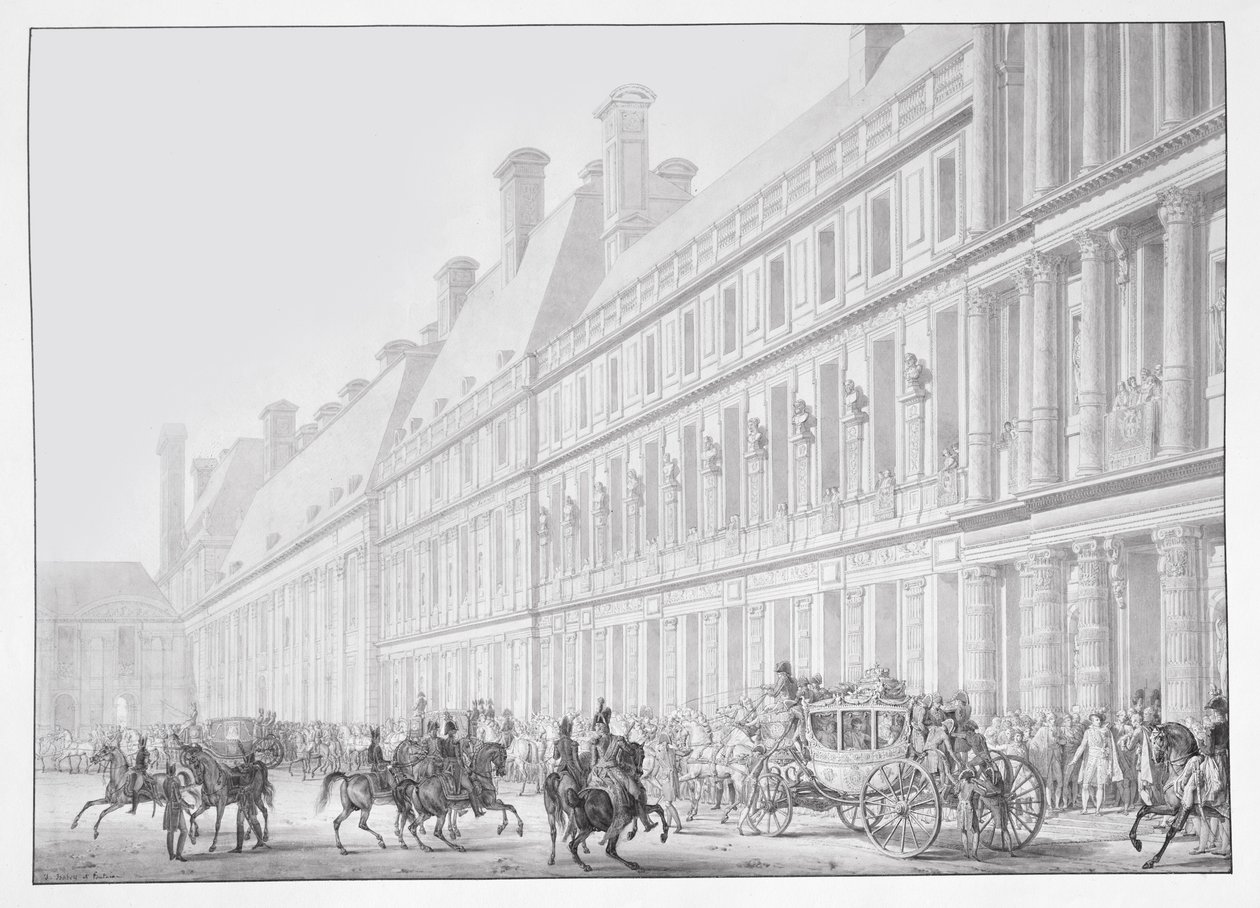 I. Napóleon császár és Jozefin császárné indulása a Tuileriák palotájából a Notre-Dame székesegyházban 1804. december 2-án tartott koronázásra, illusztráció a "Livre du Sacre"-ból, megjelent: P alkotó: Jean Baptiste Isabey
