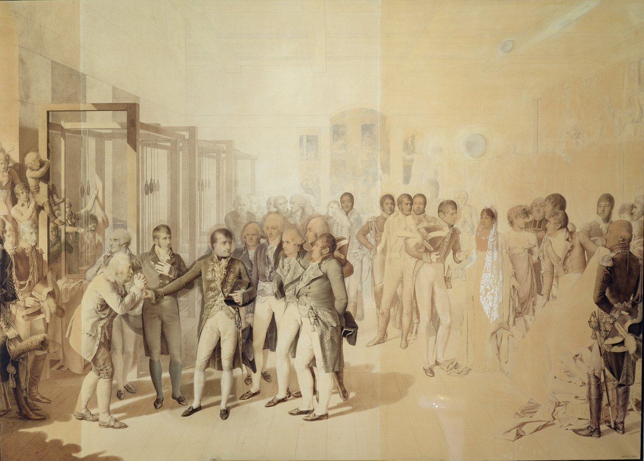I. Napóleon (1769-1821) látogatás a Hét Testvér Rouen-i gyárában, 1802. november, 1804 alkotó: Jean Baptiste Isabey
