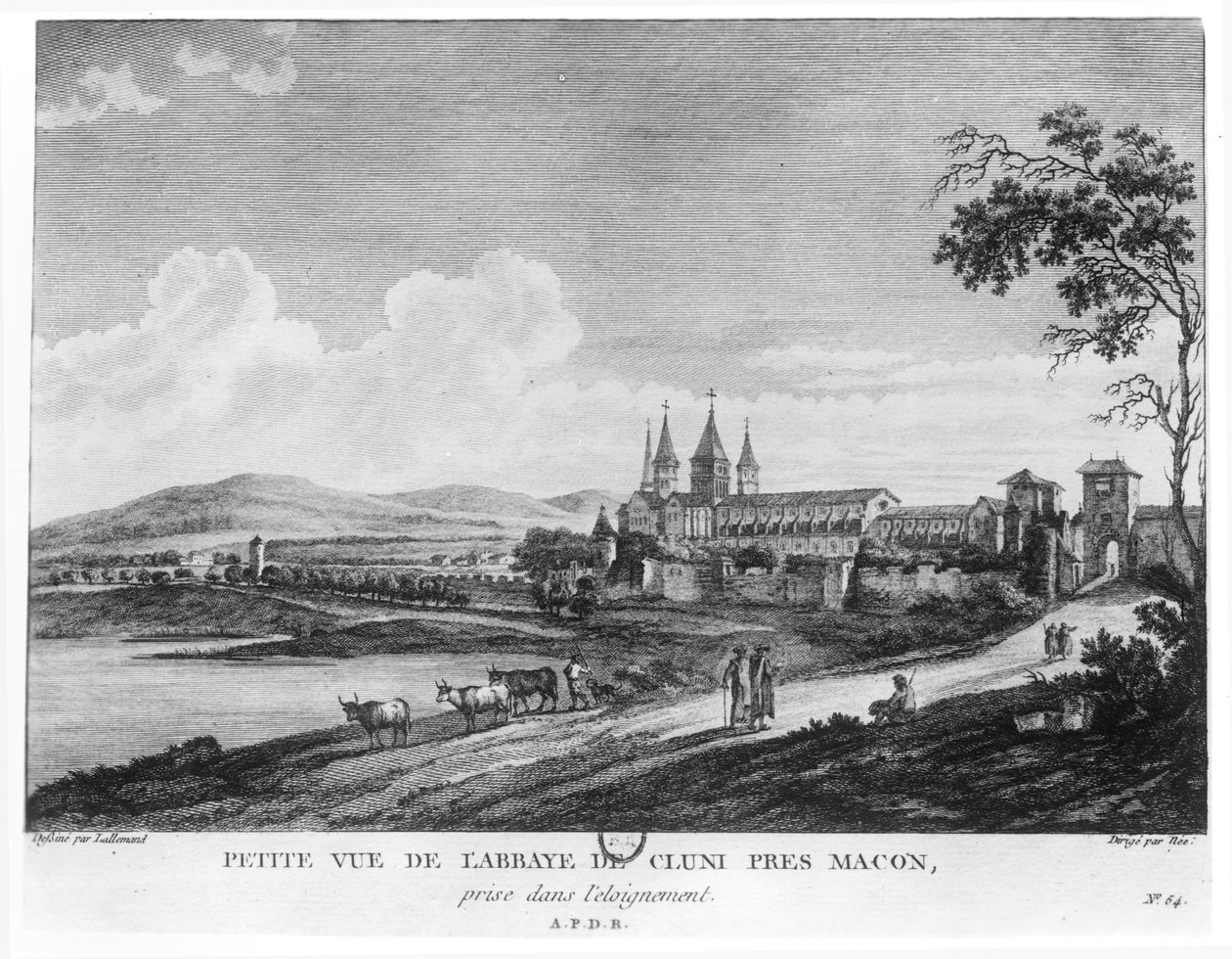 Kilátás a Cluny-apátságra, a „Voyage Pittoresque de la France”-ból, Francois Denis Nee (1732-1817) irányítása alatt, 1787-ben vésve. alkotó: Jean Baptiste Lallemand