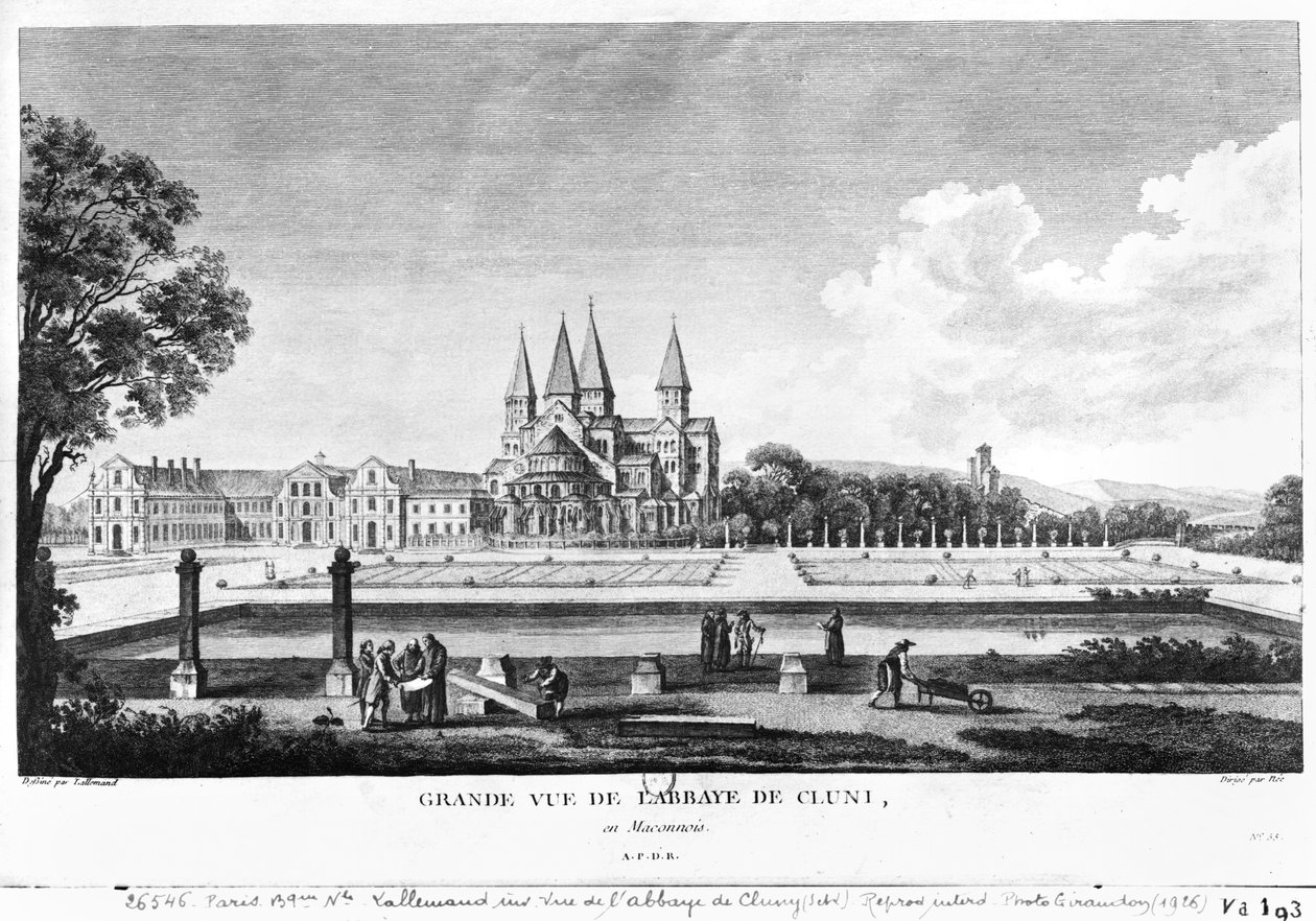 Kilátás a Cluny-apátságra, a „Voyage Pittoresque de la France”-ból, Francois Denis Nee (1732-1817) vezetésével, 1787-ben megjelent. alkotó: Jean Baptiste Lallemand