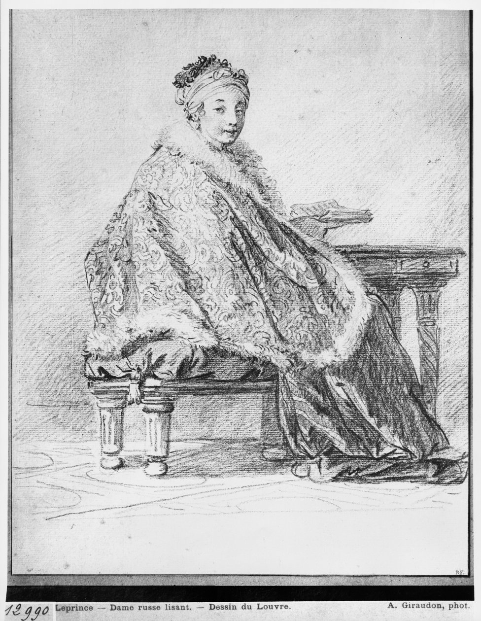 Orosz nő egy asztalnál könyvet tart a kezében (pierre noire és redchalk papíron) alkotó: Jean Baptiste Leprince