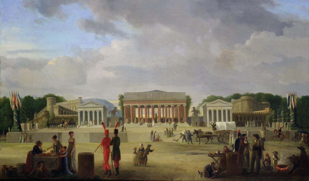 Kilátás az 1801. november 9-i Fete de la Paix-re a Place de la Concorde-on épített Grand Theatre-re alkotó: Jean Baptiste Louis Cazin