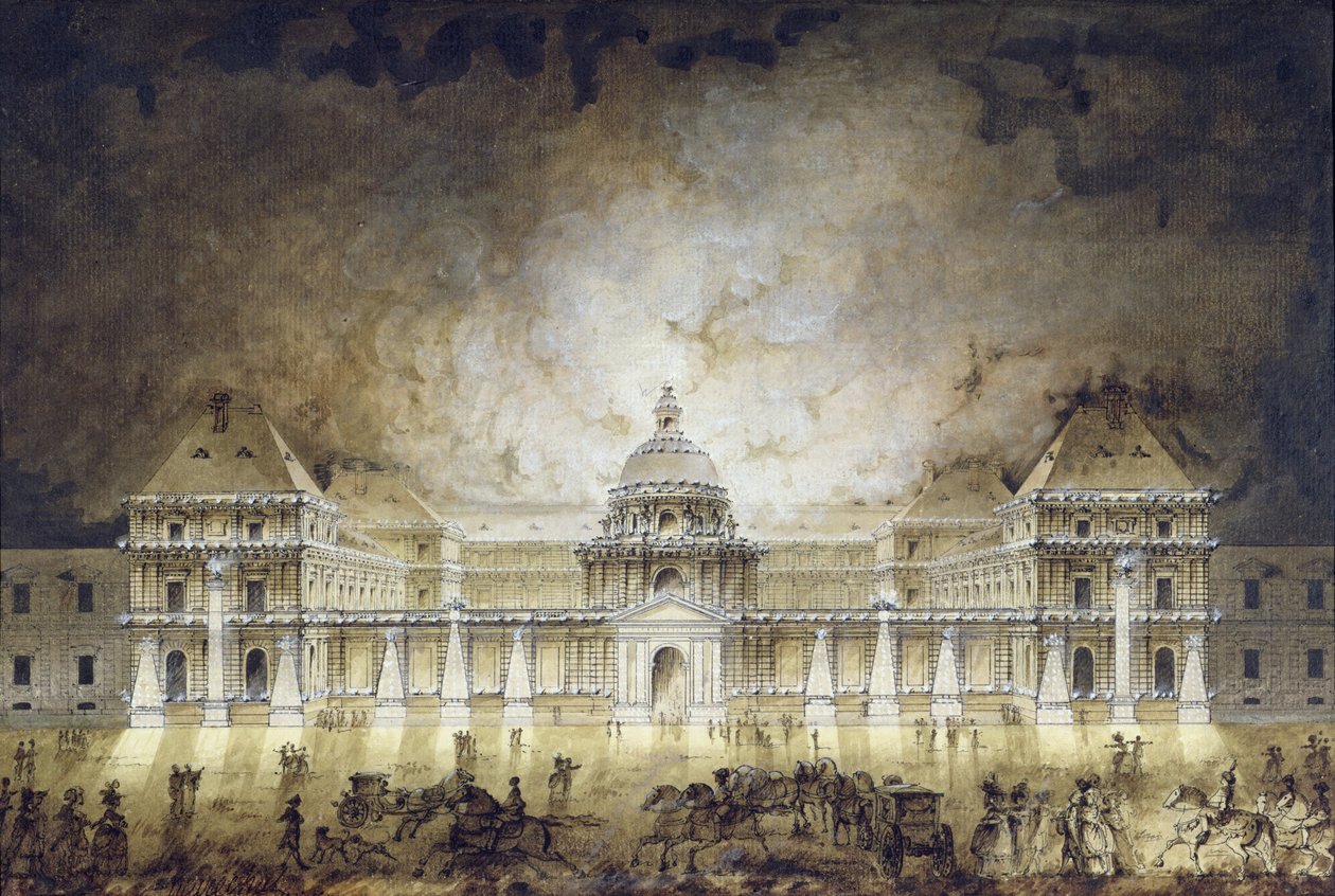 A luxemburgi palota 1780-ban a Fete du Roi ünnepére megvilágított (toll, tinta és bistre papíron) alkotó: Jean Baptiste Marechal